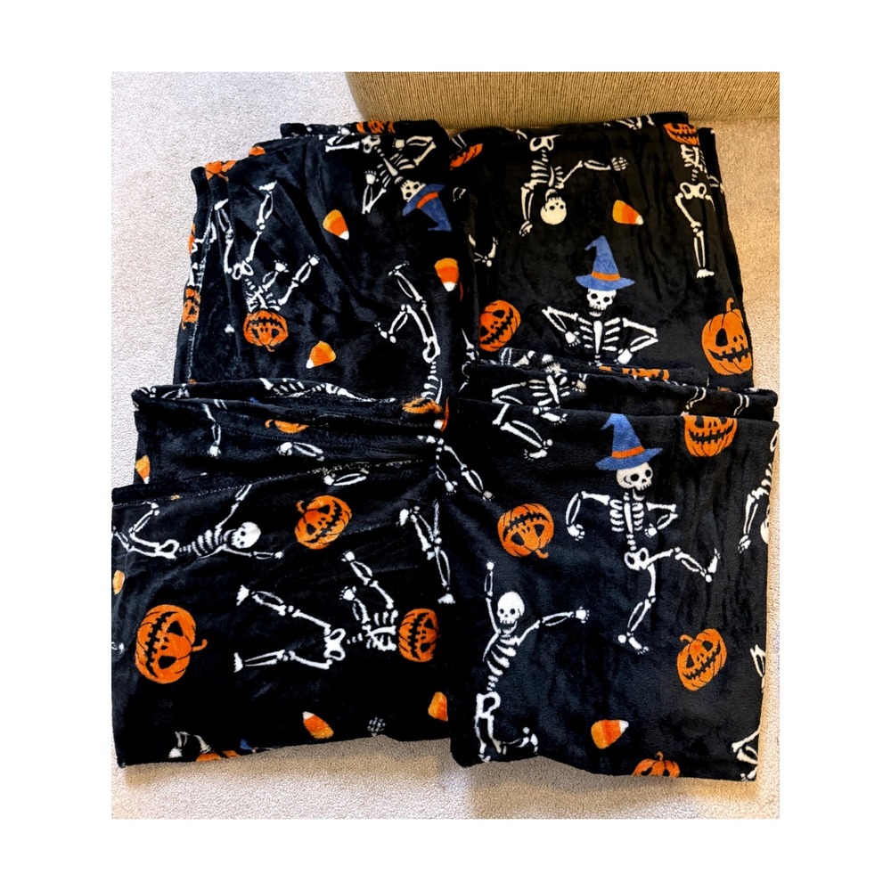 4 Halloween Skeleton Pumpkin Plush Throw Blanket Black Spooky Kids 50" x 60"
